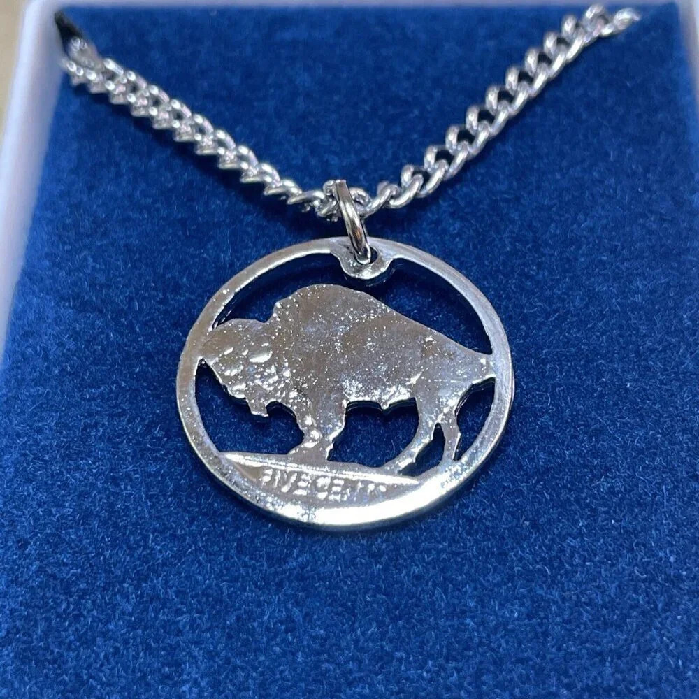 Five Cents Buffalo Necklace Silver tone NOS